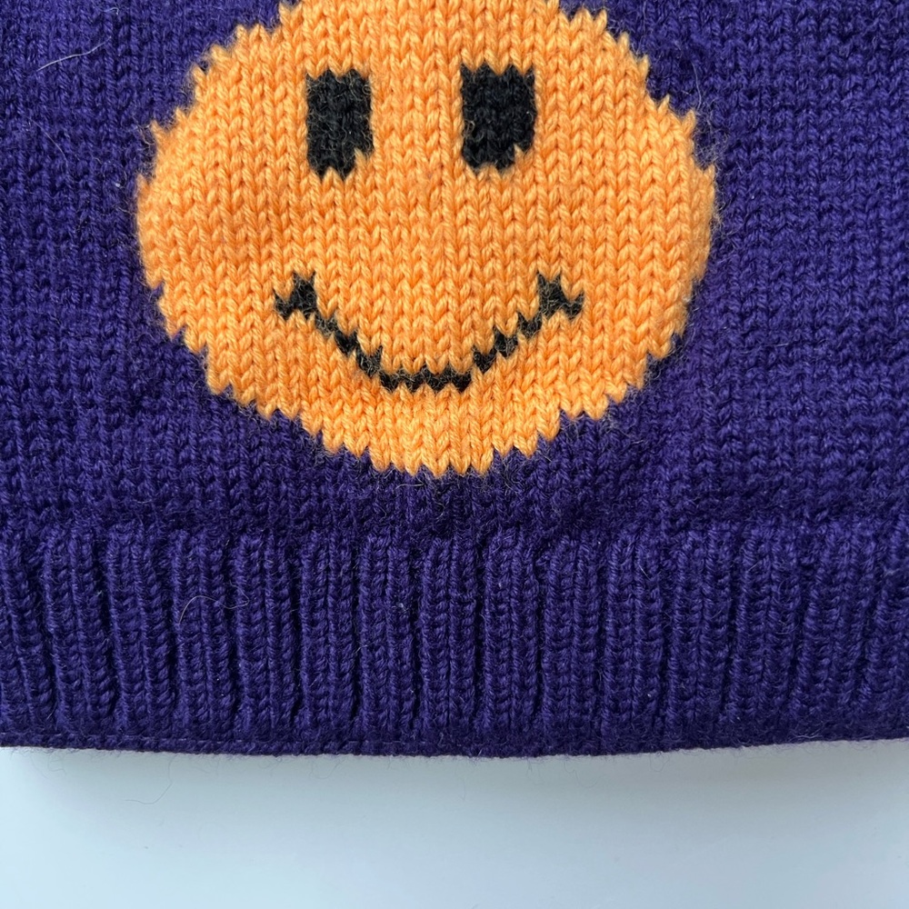 Purple Knit Beanie with Orange Smiley Face - Picture 2 of 4